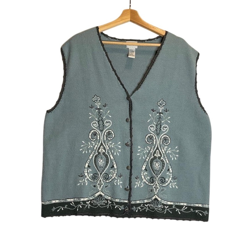 Vintage Koret Blue Knit Vest Button Front Paisley 80s Grandmacore Cottagecore 1X